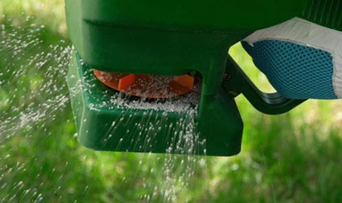 Close-up of a landscaper applying lawn fertilizer.